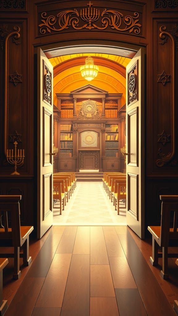 Luxury Wooden Door Ajar to a Serene Hassidic Synagogue