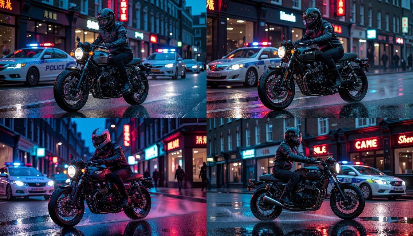 Man on Cafe Racer Wheelie Under Neon City Lights
