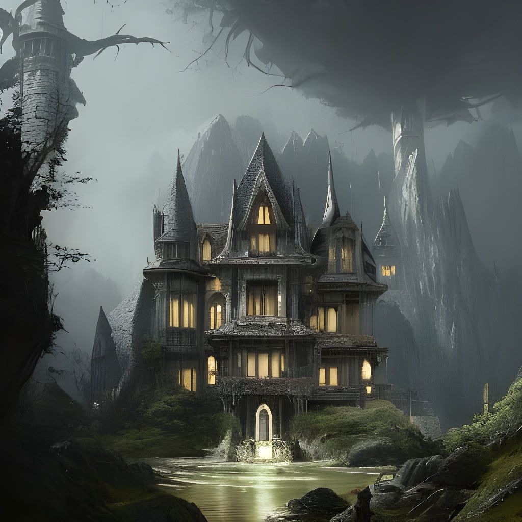 White Gothic Mansion on Cliff in Dark Fantasy Style