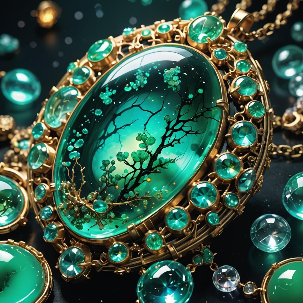 Bioluminescent Chrysoprase Jewelry in Hyper-Realistic Digita...