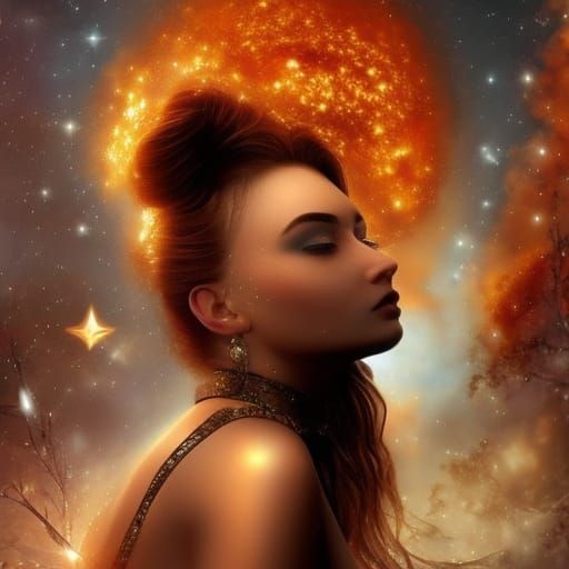 Surrealist Woman Searches for Stars in Fiery Landscape