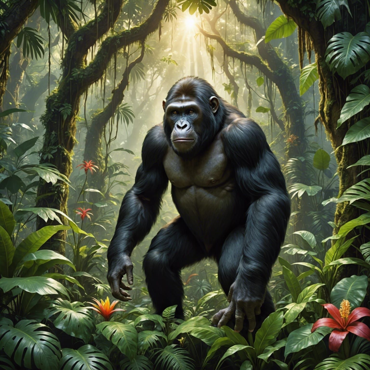 Ethereal Ape in Biodiverse Jungle Scene