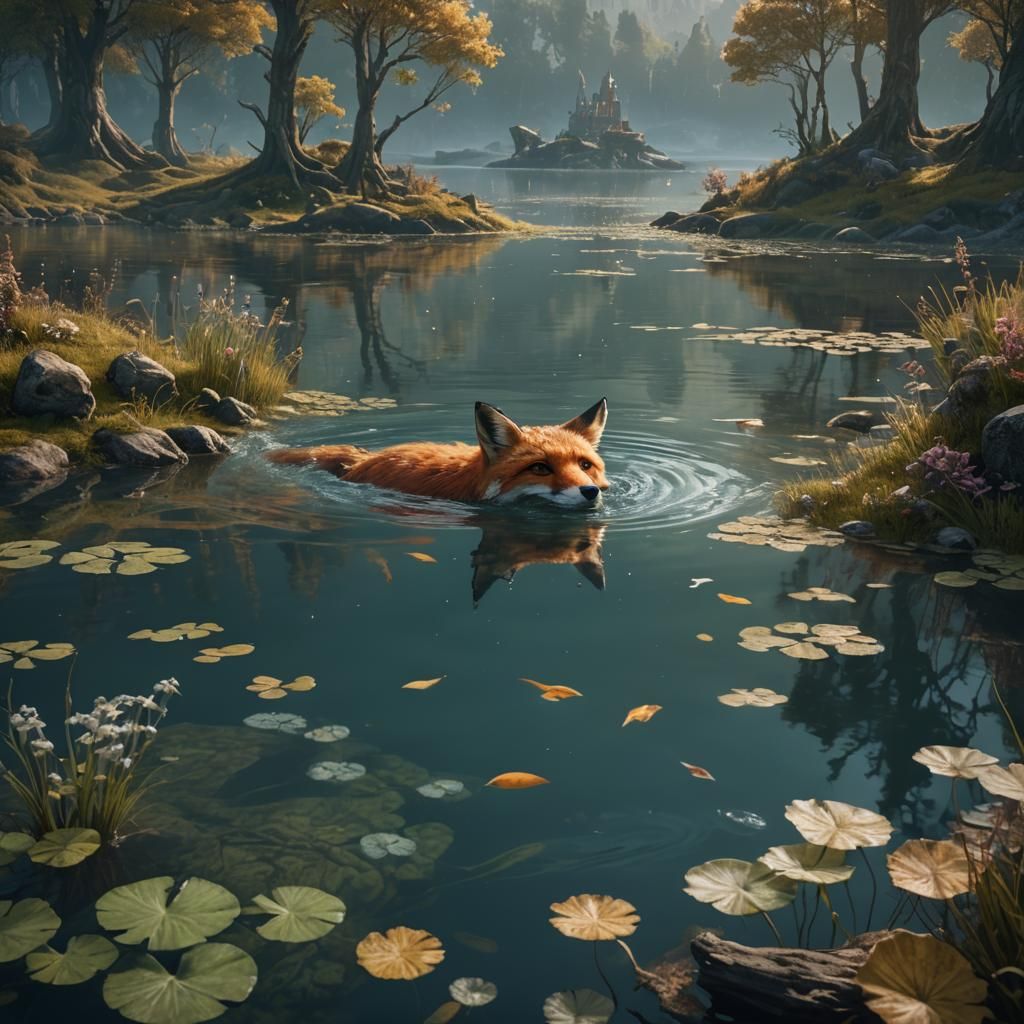 Fox Swimming in Lake: Detailed Matte Painting