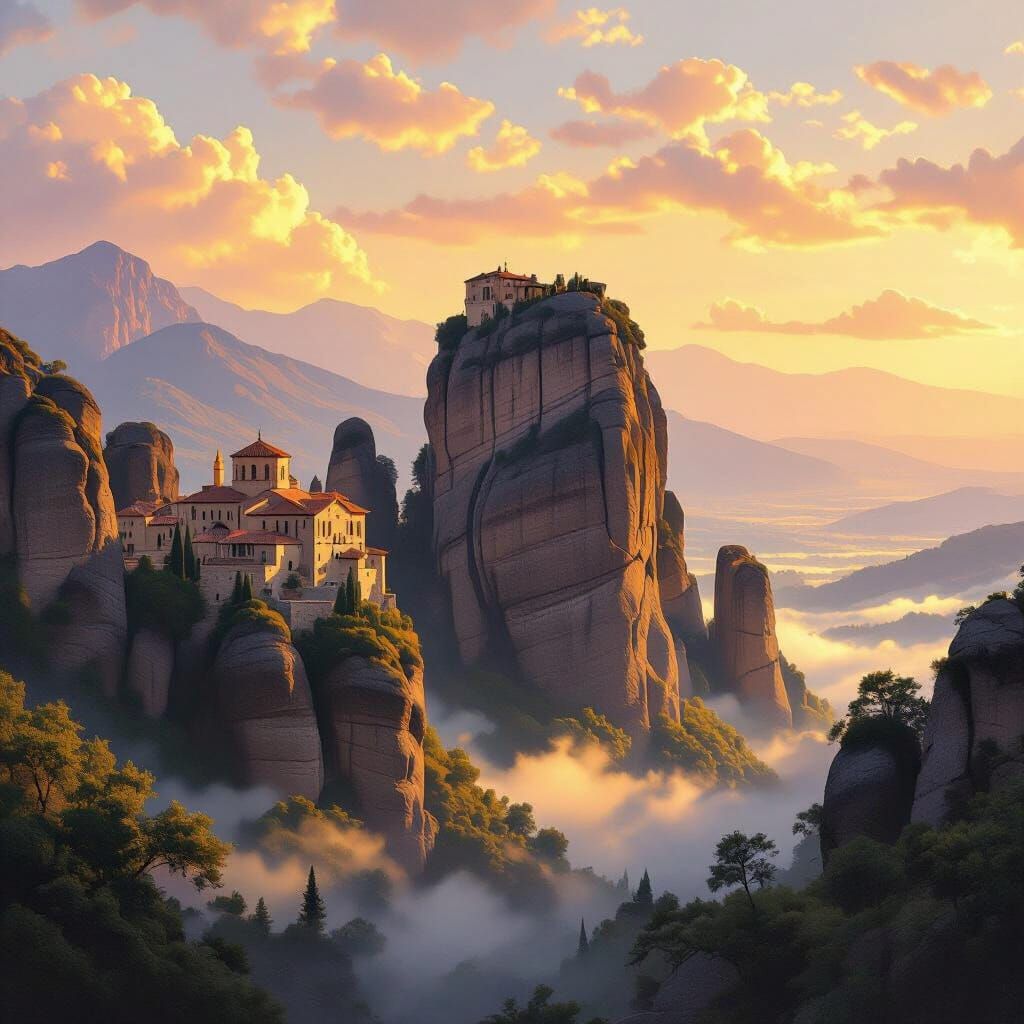 Meteora Monasteries Greece at Golden Hour