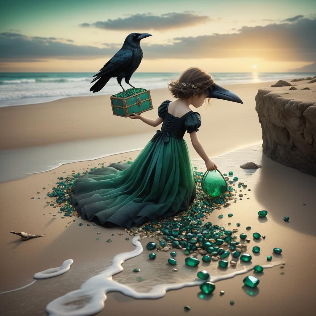 Giant Crow Seeks Emeralds on Sunset Beach