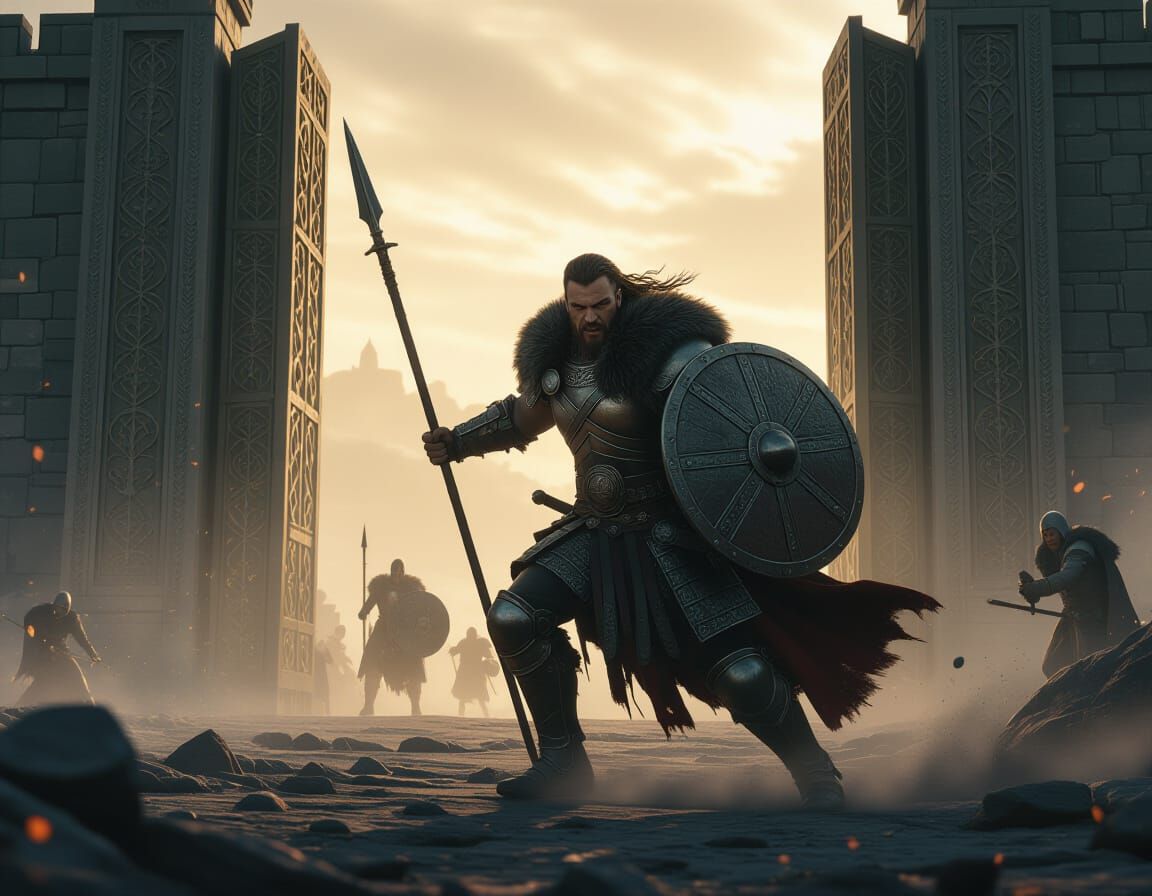 Warrior at Valhalla's Gate in Dark Fantasy Style