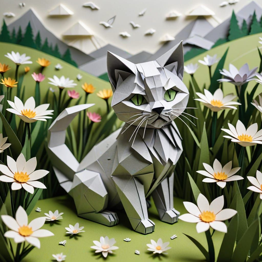Photorealistic Origami Cat in Paper Landscape