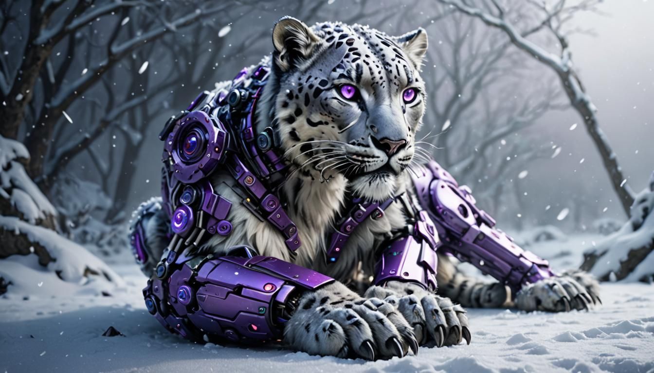 Photorealistic Cyborg Snow Leopard with Purple Metal