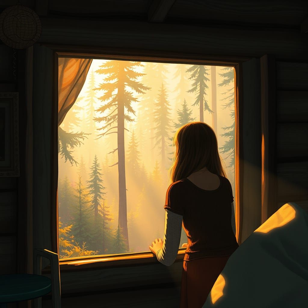 Woman Gazing at Misty Forest: Whimsical Digital Art