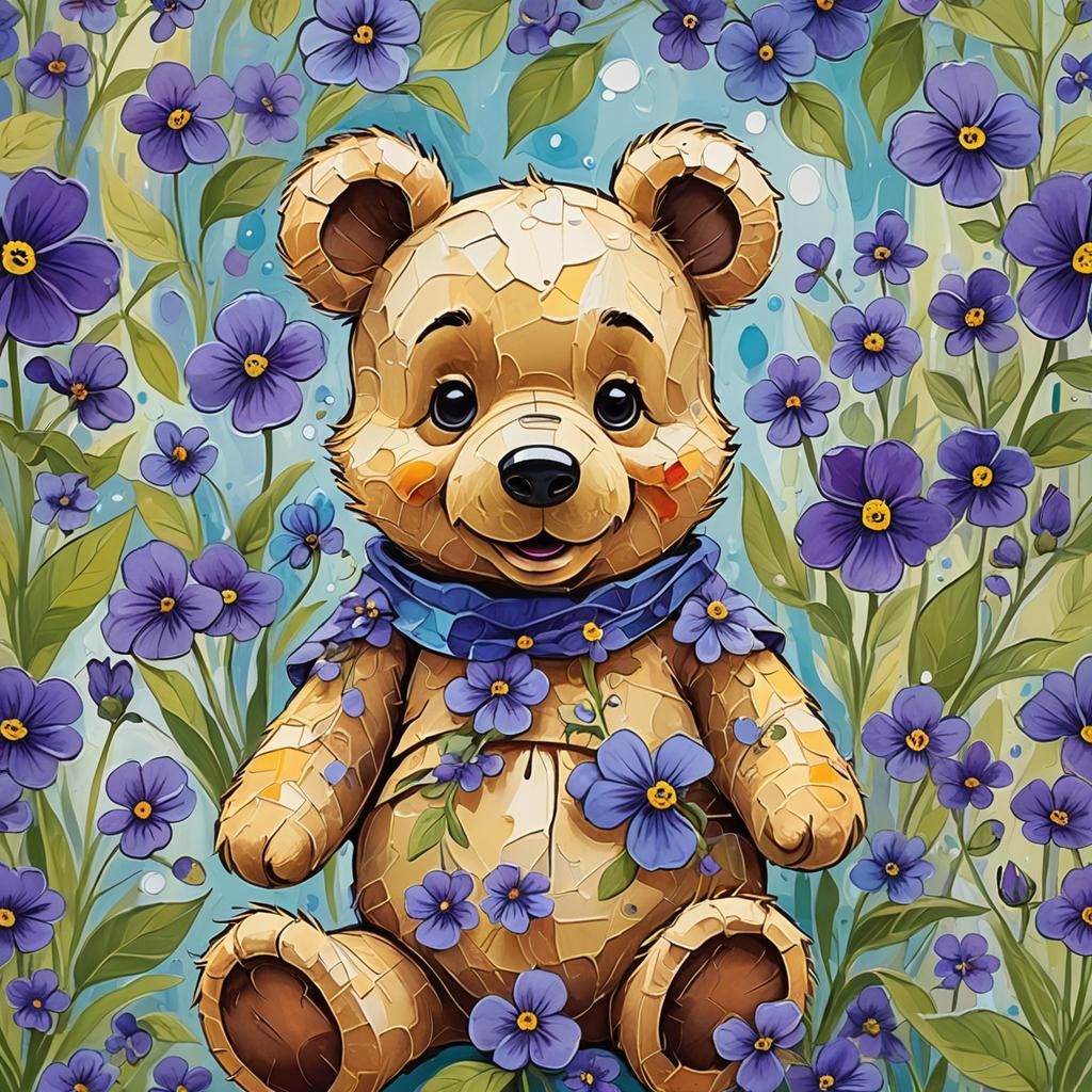 Pooh with Blue Eyes and Violets in Abstract Art