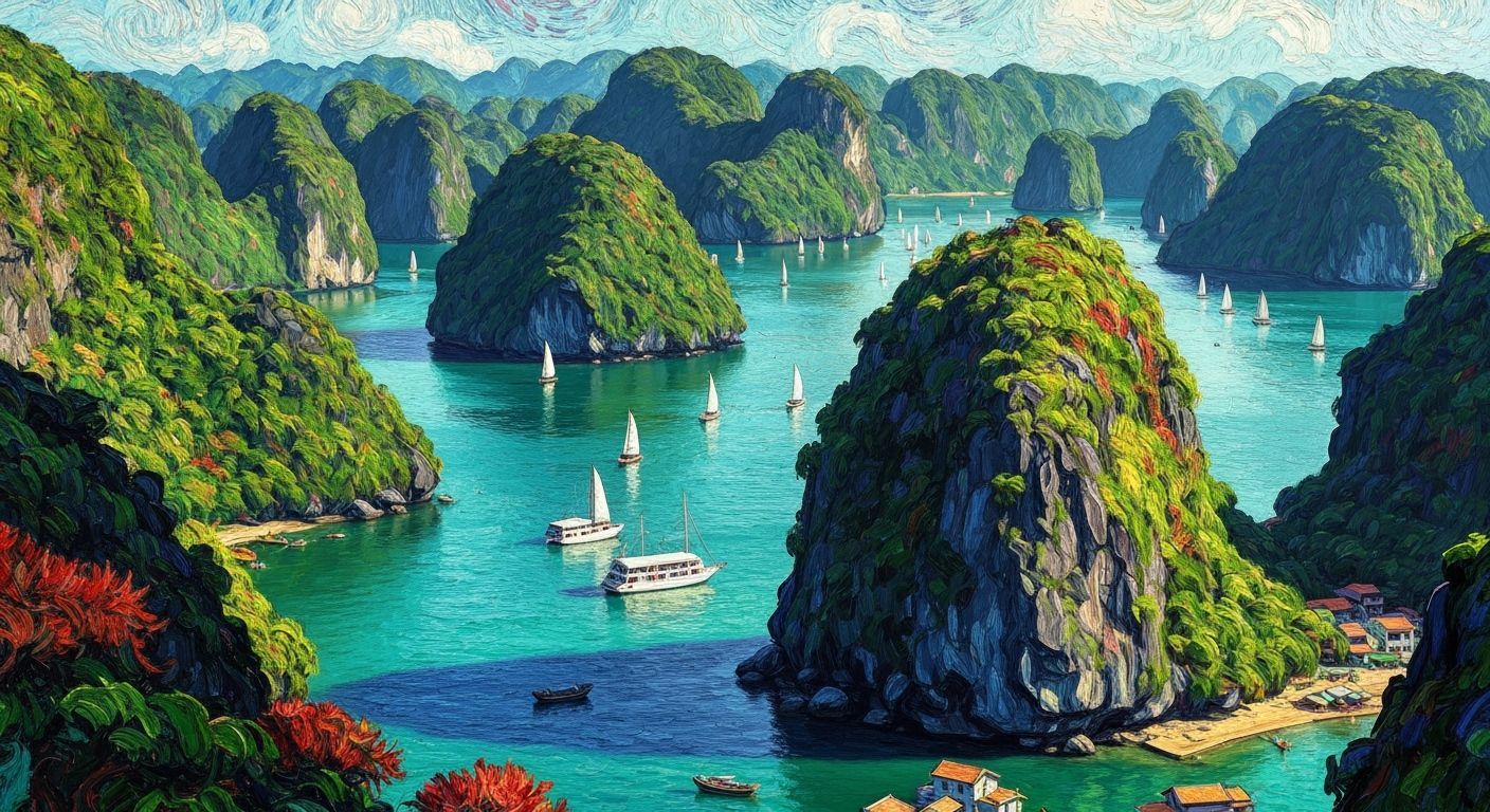 Vibrant Halong Bay Cityscape in Post-Impressionist Style
