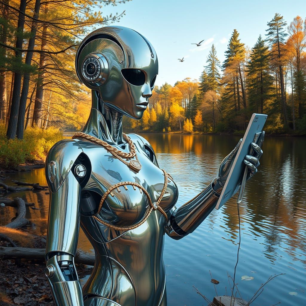 Seductive Chrome Robot Paints Selfie in Summer Forest