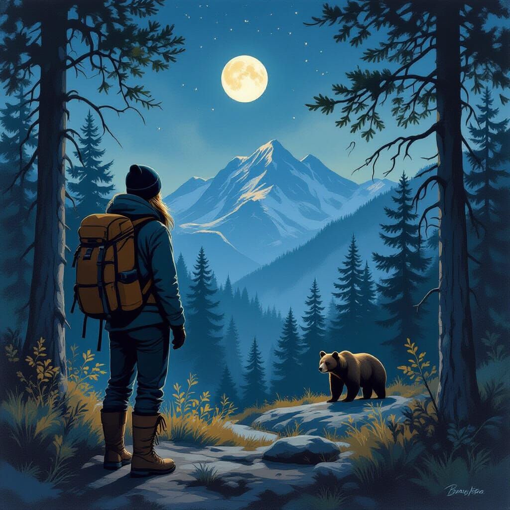Calm Hiker with Distant Bear in Moonlit Forest