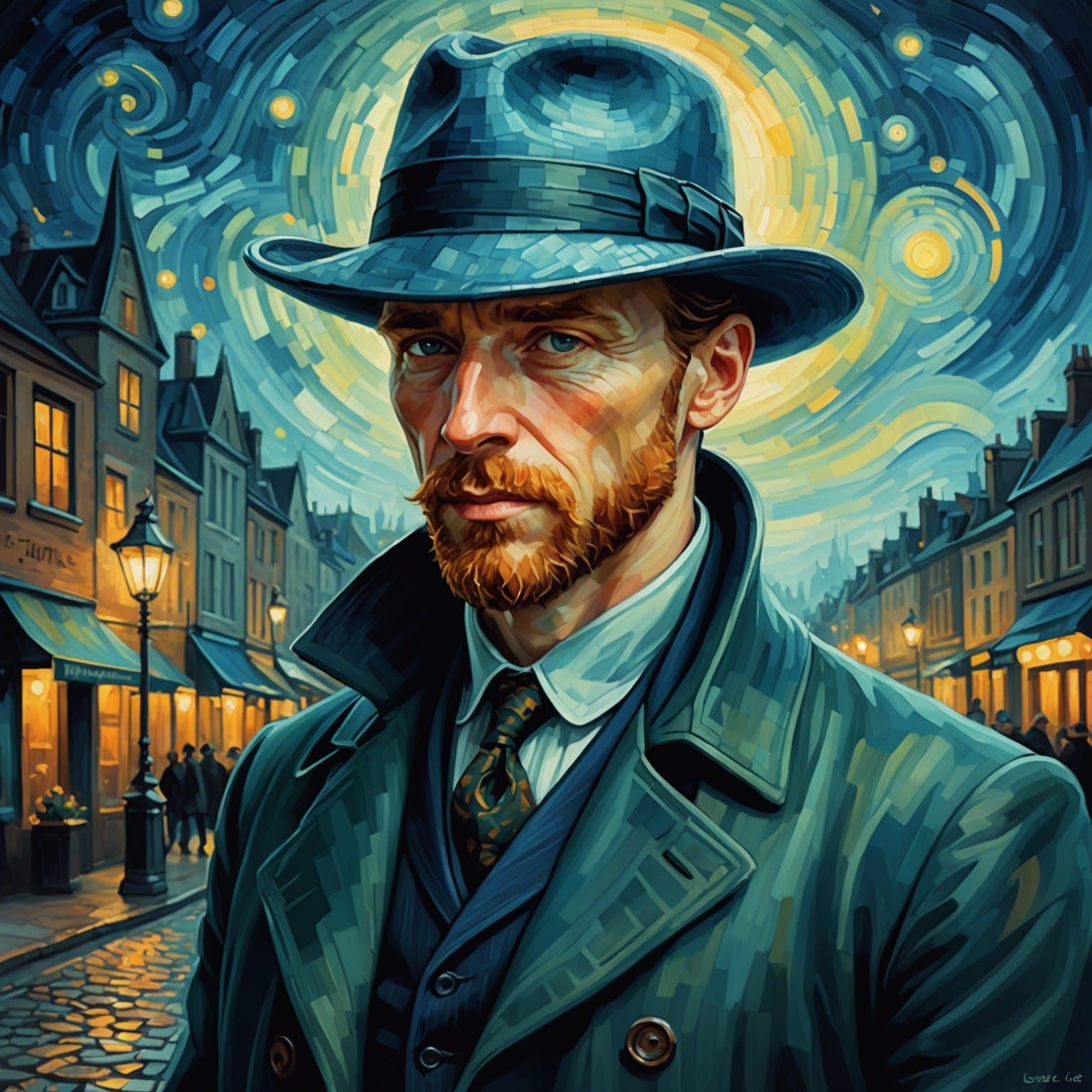 Serpentine Detective in Rainy City, Van Gogh Style