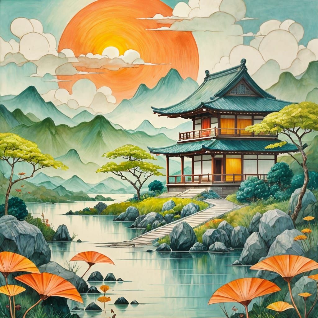 Teahouse Landscape Inspired by Impressionism