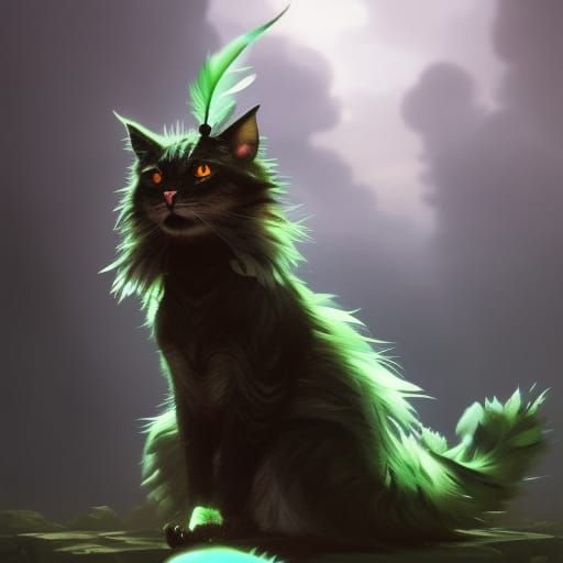 Nine-Tailed Cat with Feathered Hat, Dark Fantasy Art