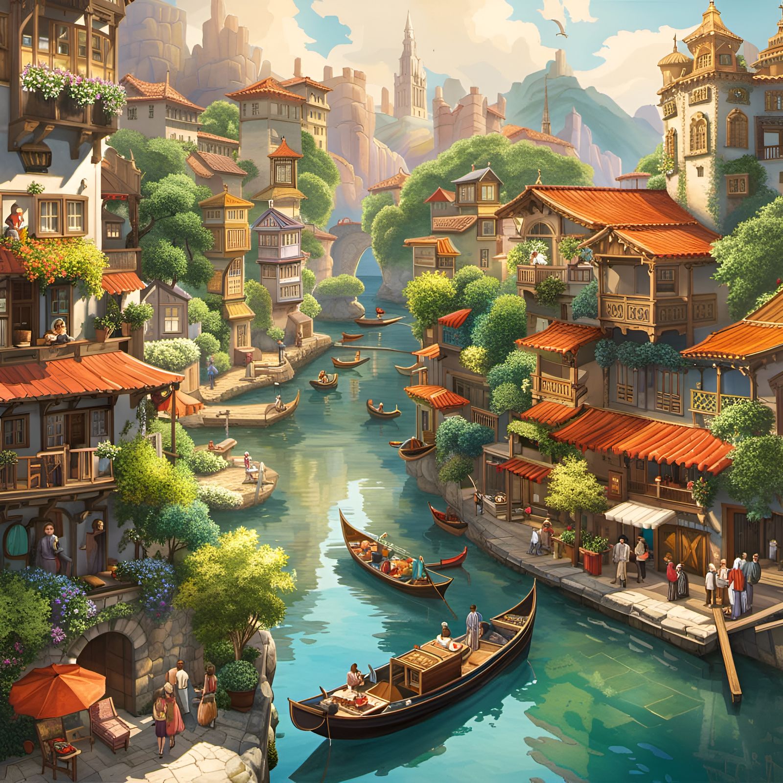 Coastal City with Canals: Studio Ghibli Watercolor