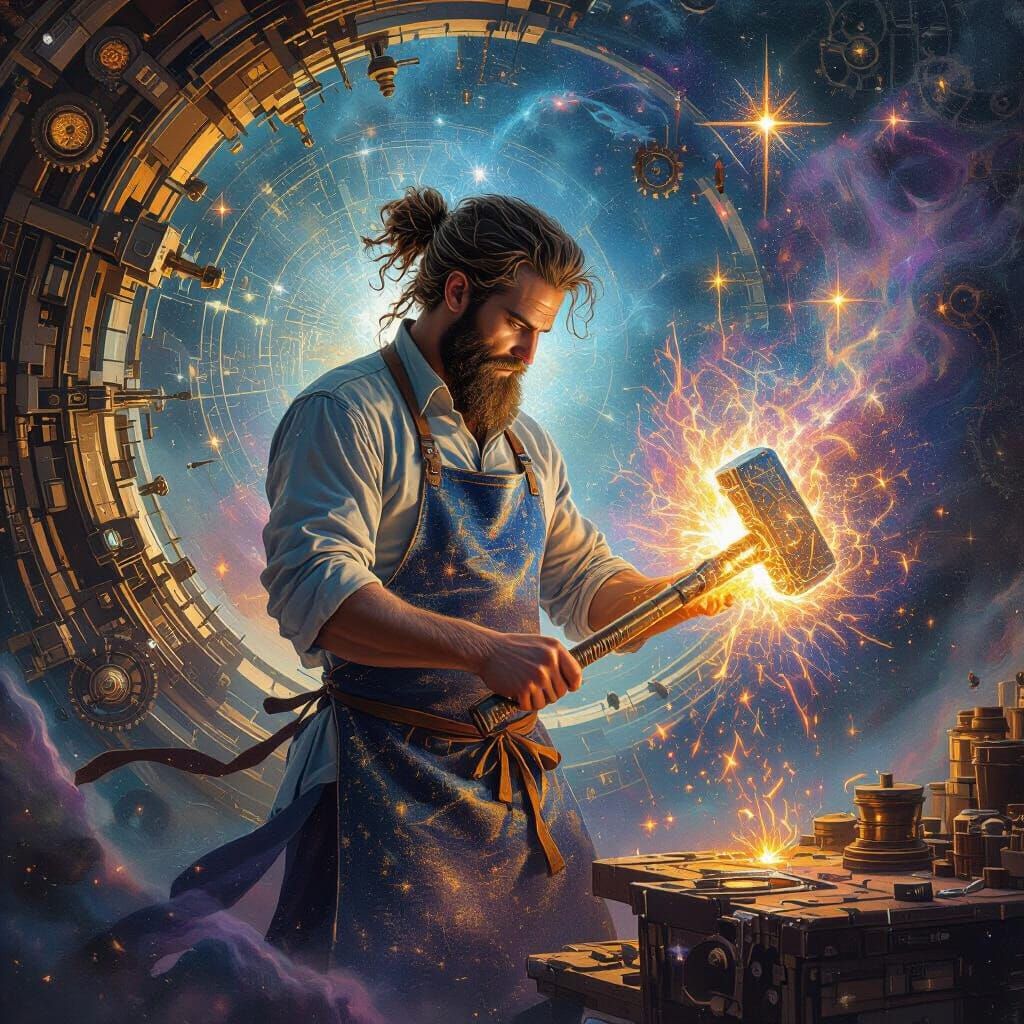 Cosmic Blacksmith Forging Stars in Ethereal Workshop