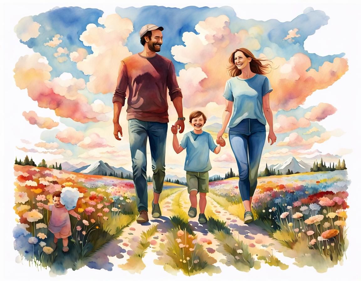 Family Stroll Through Sunny Flower Meadow in Watercolor