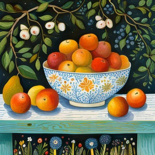 Bowl of Fruit in Garden: Meticulous Botanical Art