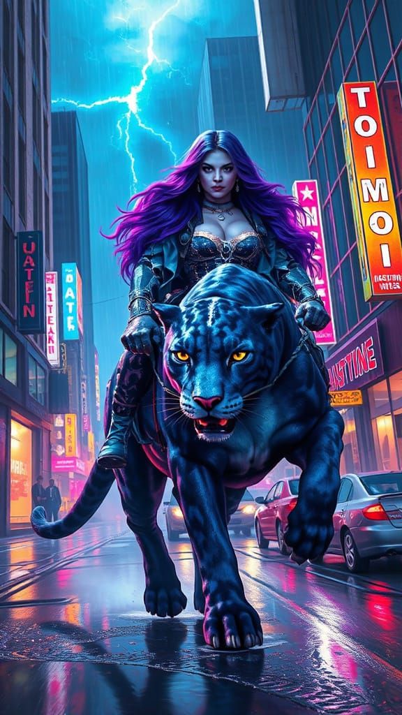 Cyberpunk Lady of the Lake on Blue Panther, Airbrush Paintin...