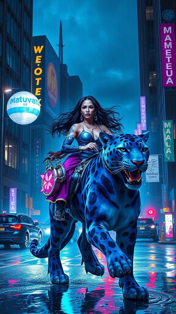 Cyberpunk Lady Rides Blue Panther in Neon City