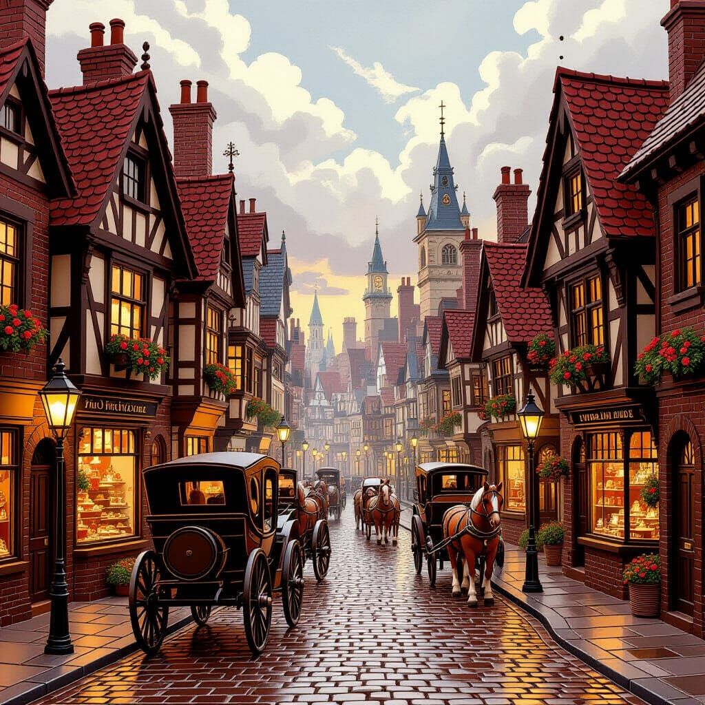 Victorian Chocolate Street Scene with Gingerbread Carriages