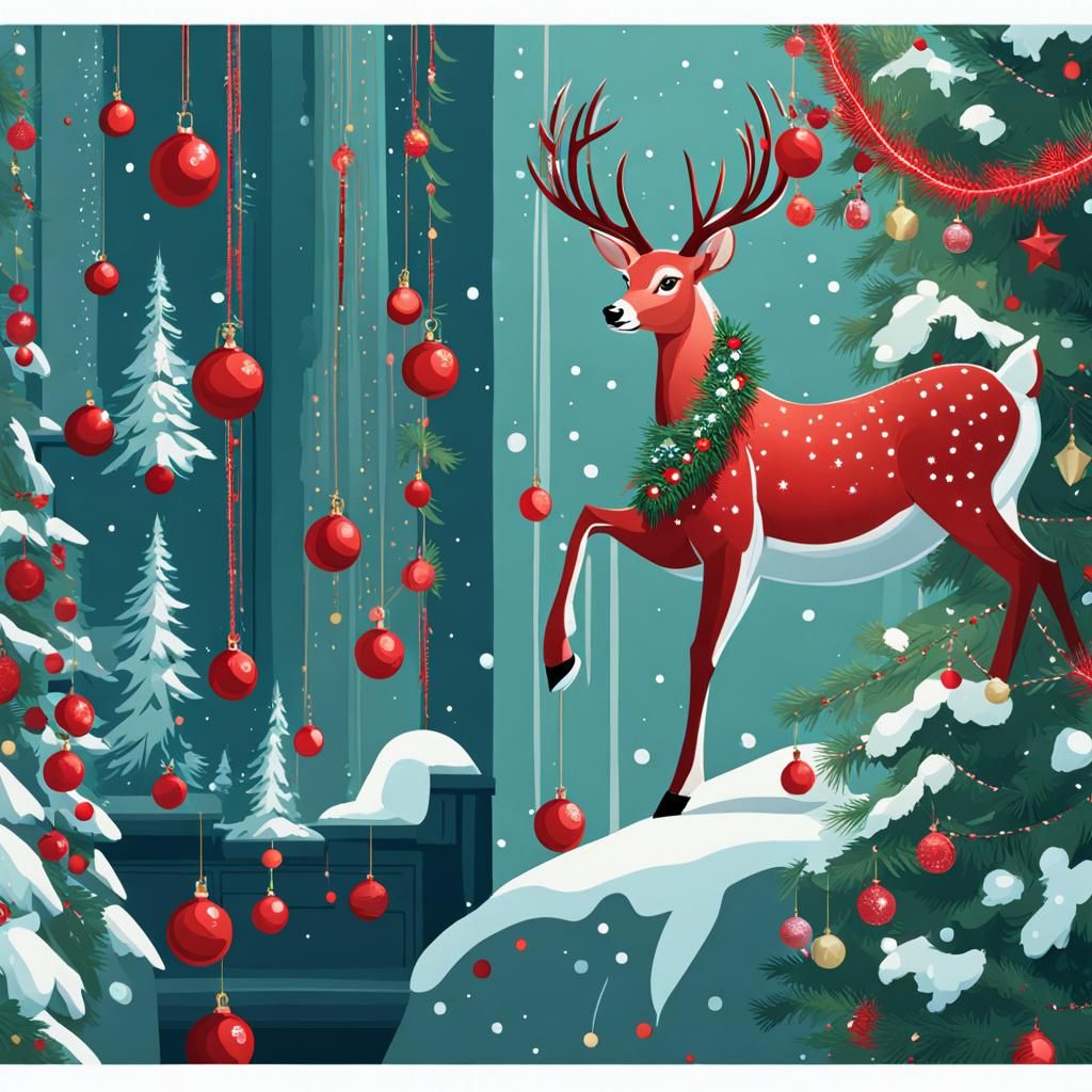 Festive Anthropomorphic Deer Decorating Christmas Tree