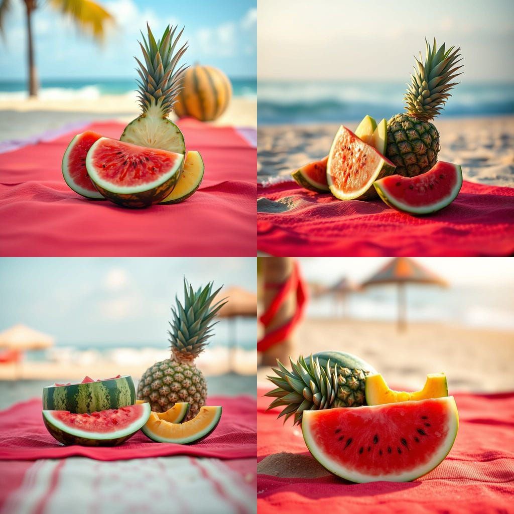 Summer Fruit Still Life on Beach Red Carpet