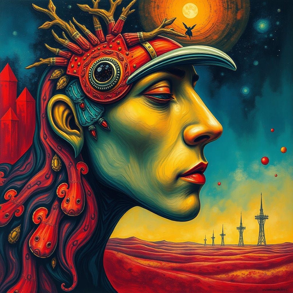 Whimsical Surrealist Oil Painting of a Message in a Bottle w...