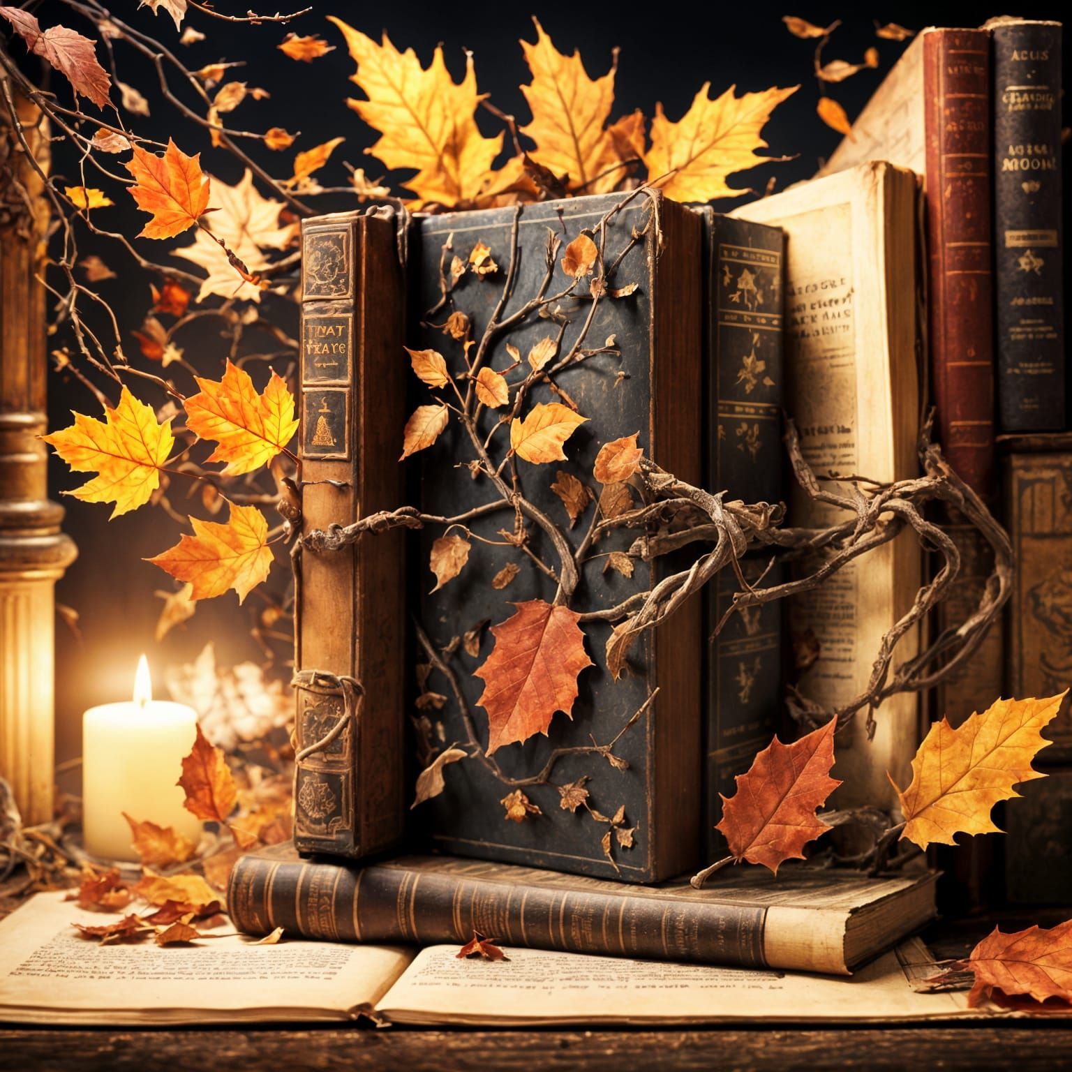 Mysterious Autumn Leaf Library in Shadowy, Magical Style