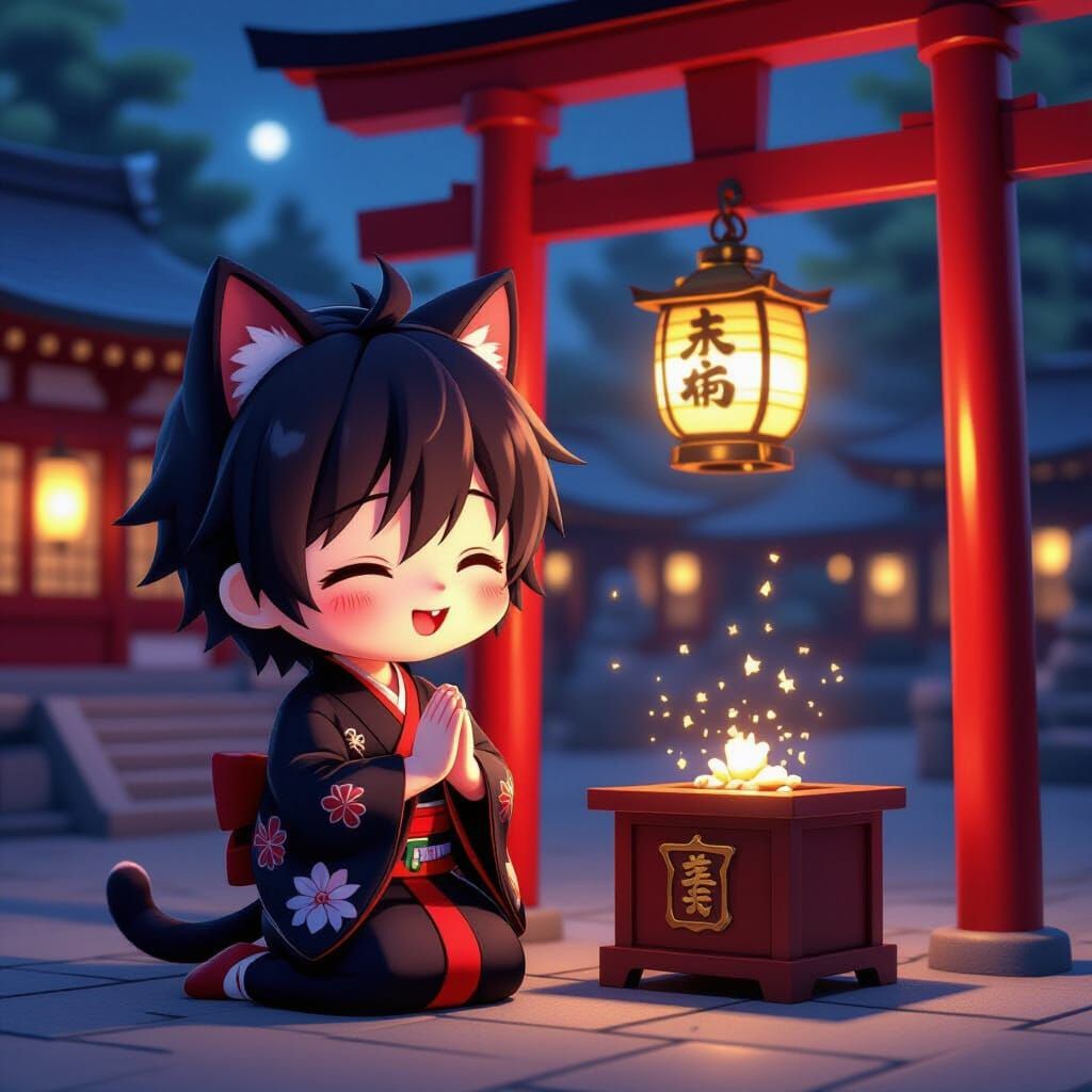 Chibi Catboy Prays in Japanese Temple