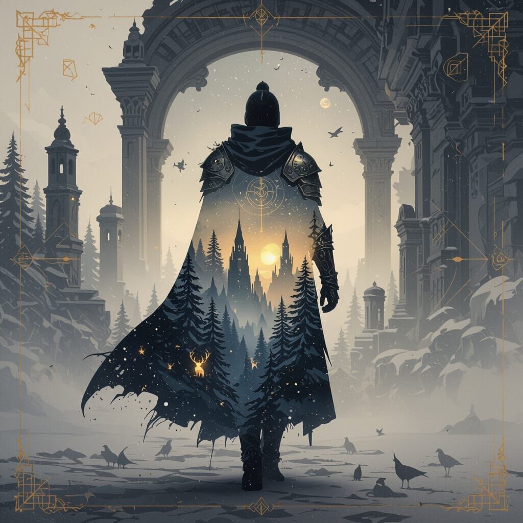 Surreal Traveler in Ink Cloak with Misty Forest Silhouette