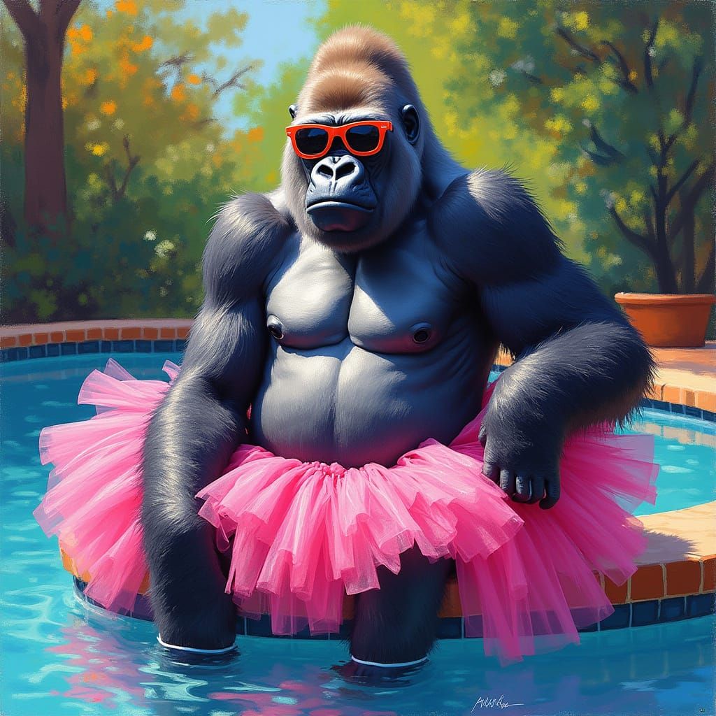Gorilla in Pink Tutu by Pool in Post-Impressionist Style