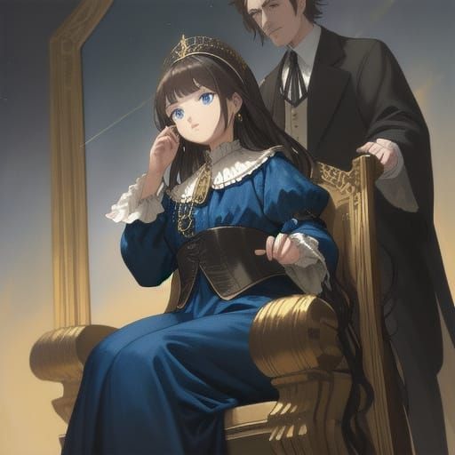 woman sitting on a high throne.