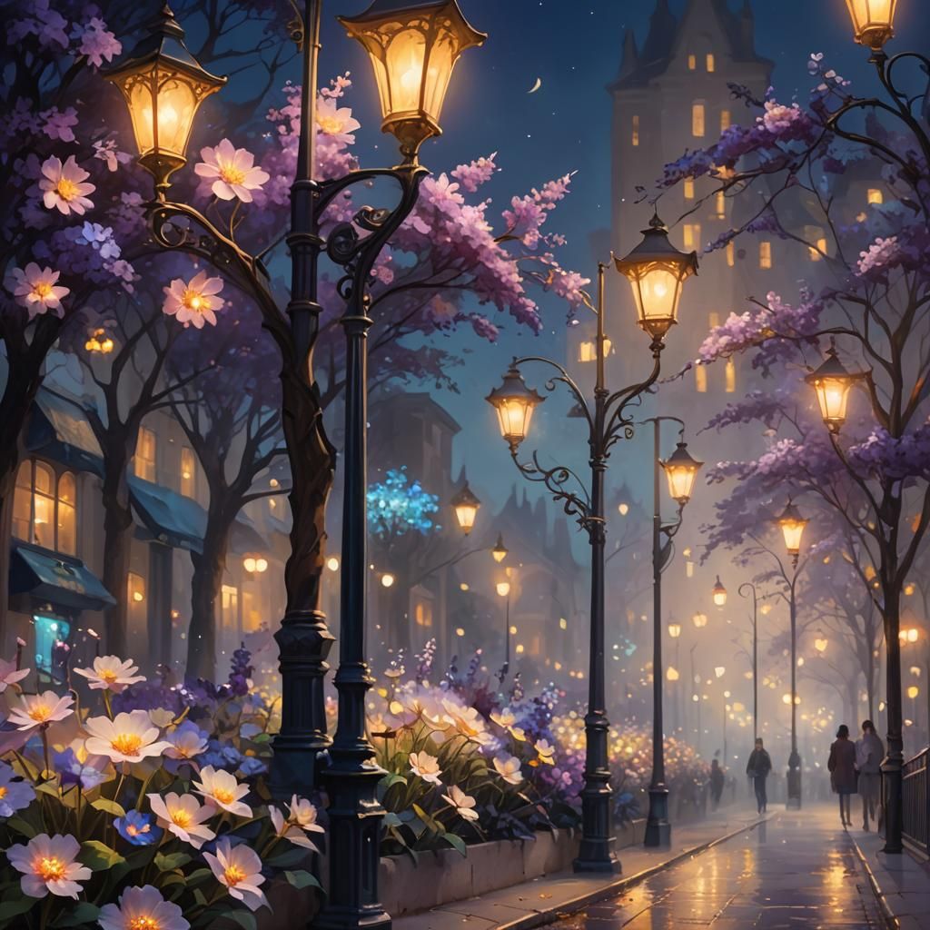 Streetlamps Transform into Glowing Flowers: Fantasy Art