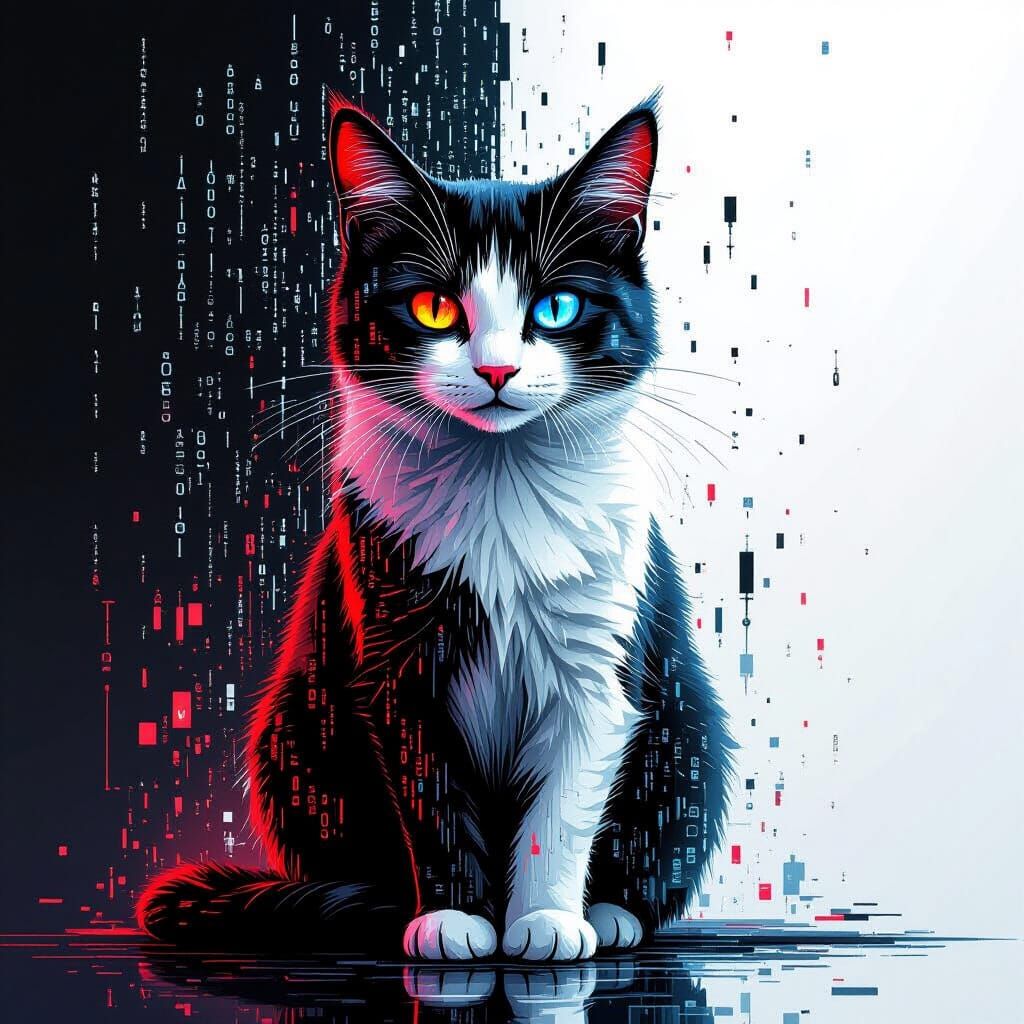 Cyberpunk Cat Made of Glowing Code in Pointillist Style