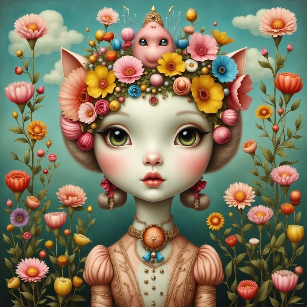 Vibrant Floral Cat in Whimsical Pop Surreal Style
