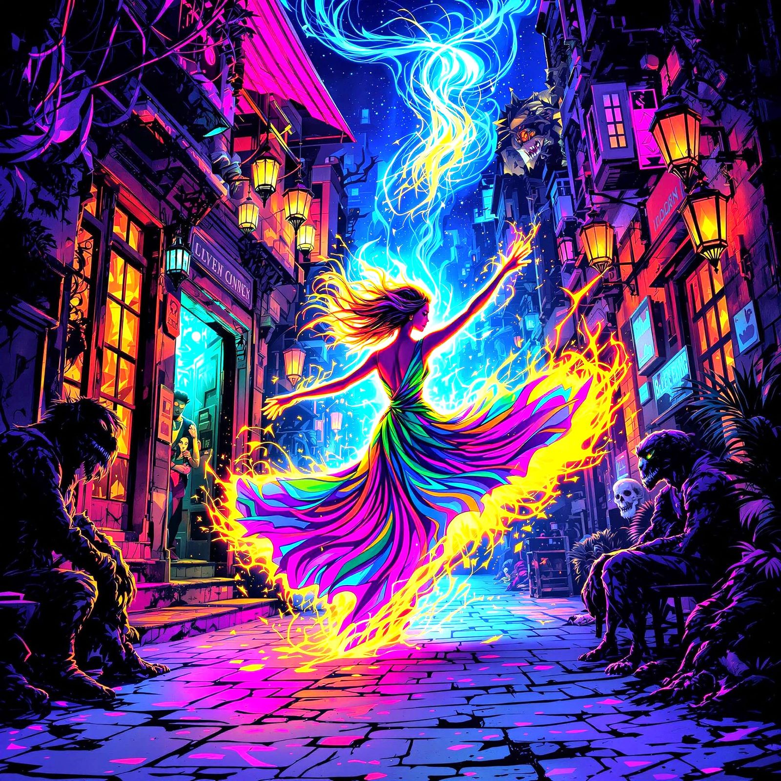 Psychedelic Dancer in Cyberpunk Tavern Comic Art