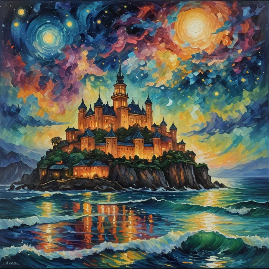 Floating Palace Above Raging Sea in Expressionist Style