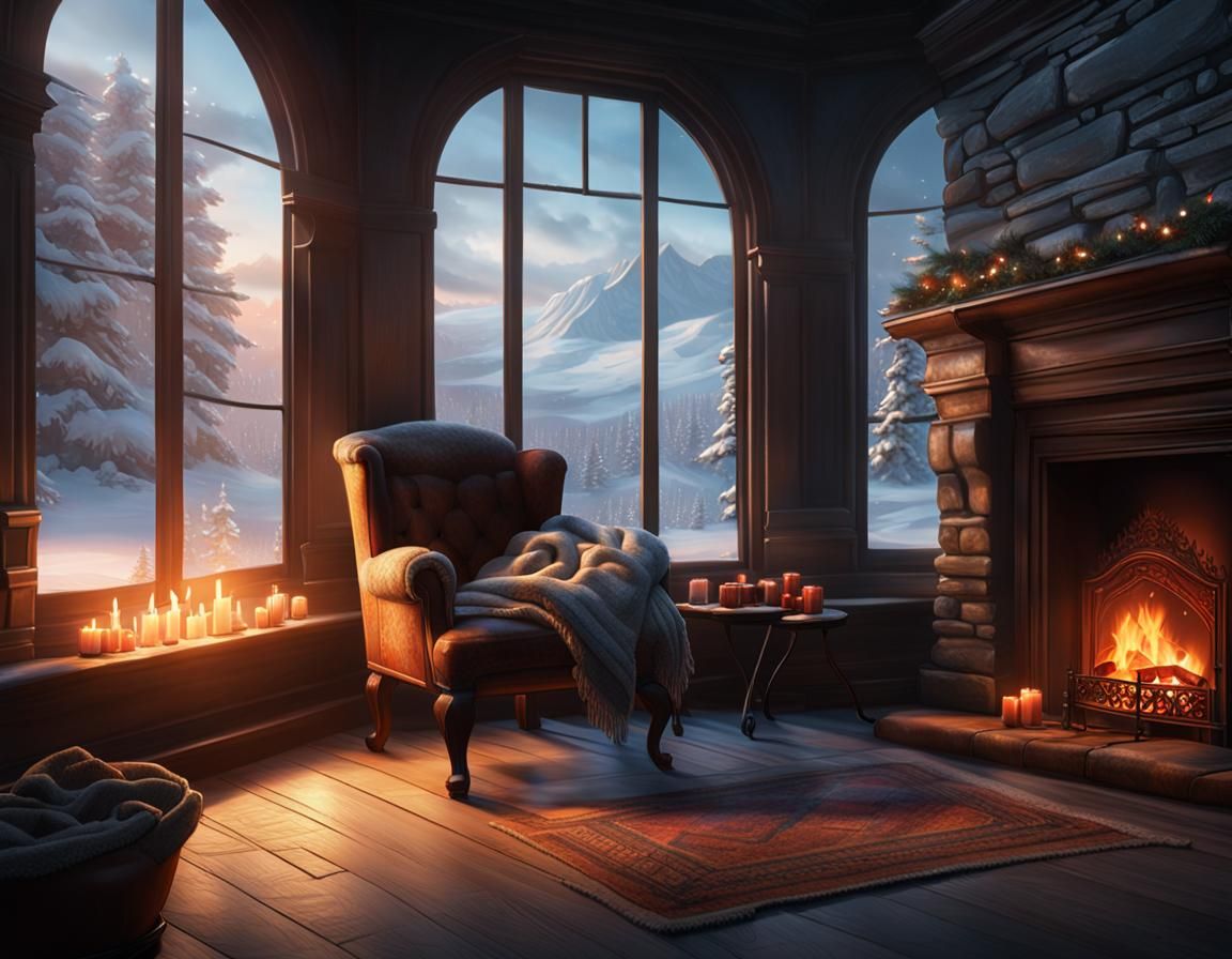 Magical Fireplace with Winter View, Detailed Digital Art