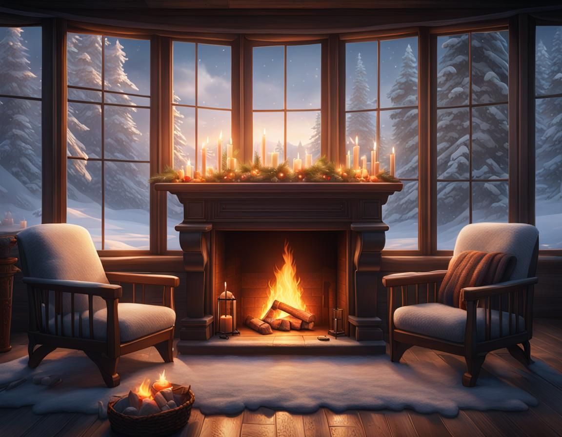 Magical Fireplace with Winter View, Detailed Digital Art