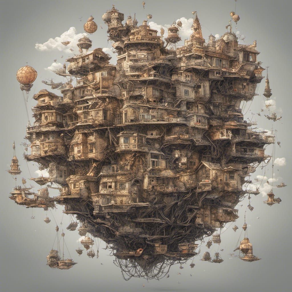 Flying Junk City in Steampunk Starry Nebula