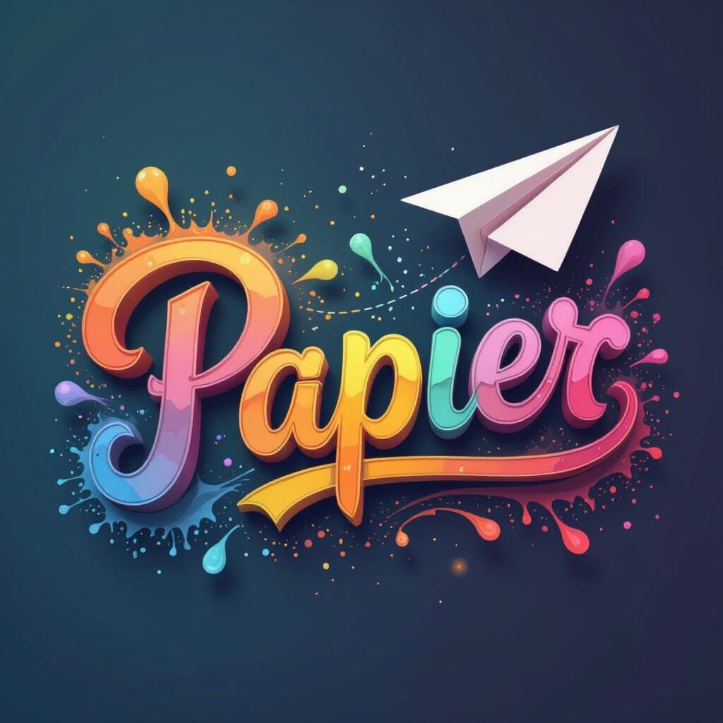 Multi-Colored "Papier" Text and Paper Airplane in Fantasy Ar...