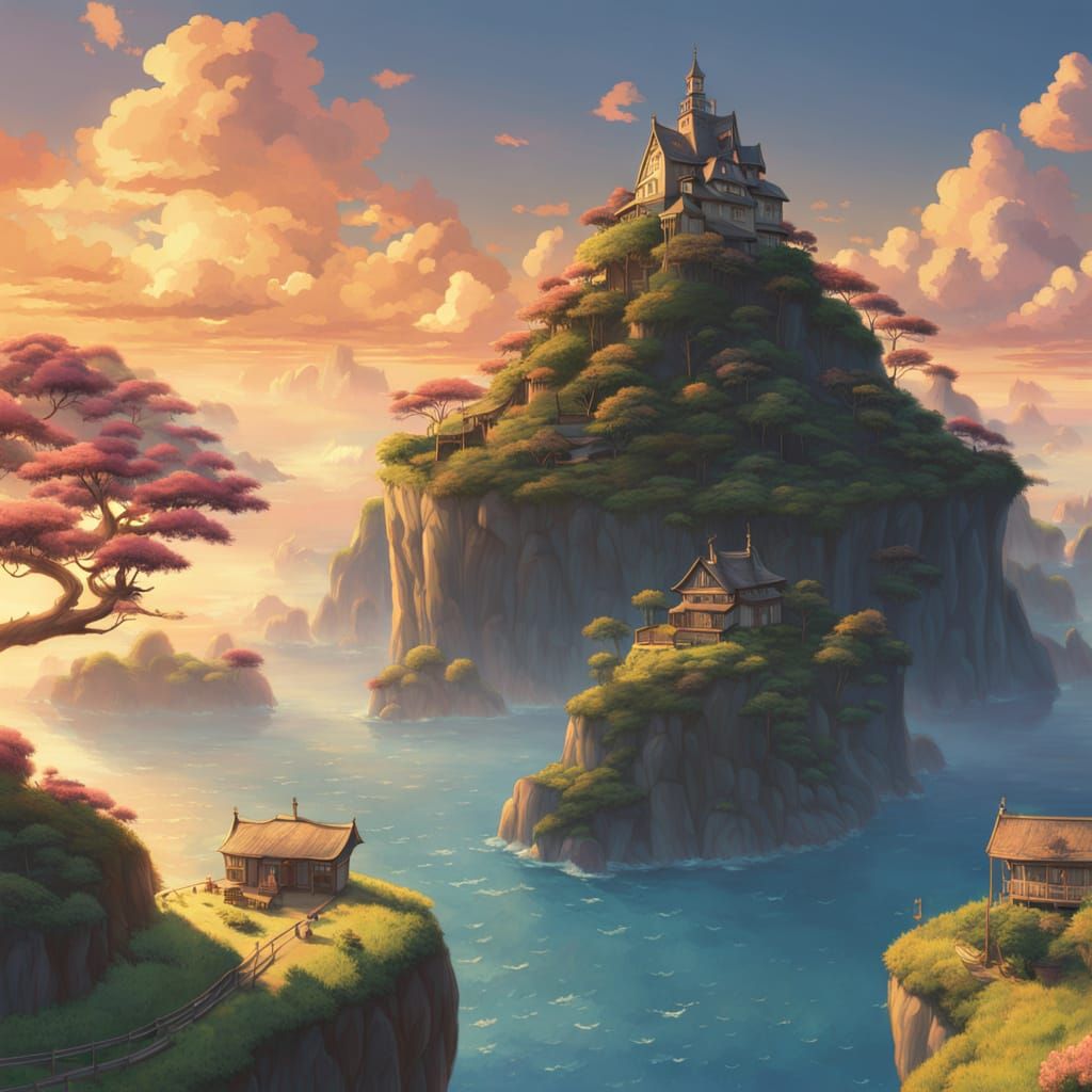 Meditating Woman on Cloud Island at Sunset