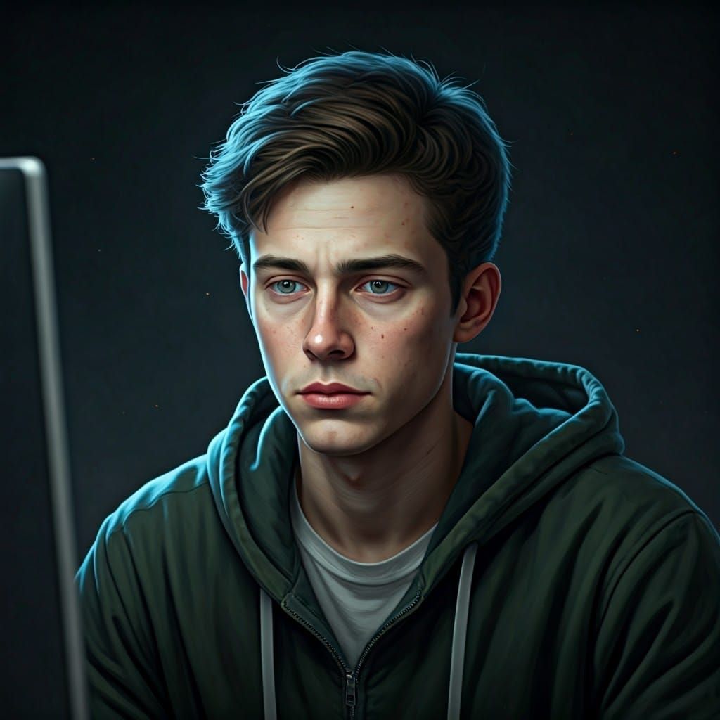 Man Stares at Computer Screen in Hyperdetailed Digital Art