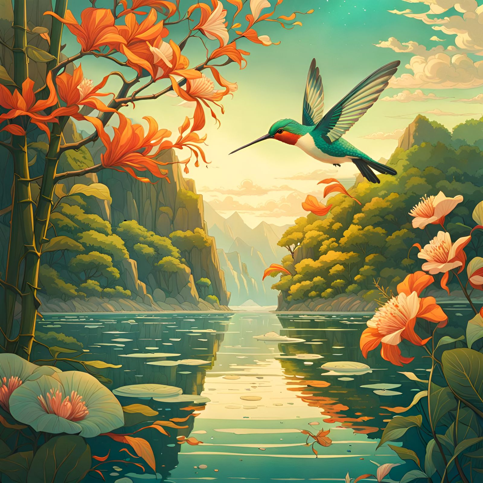 Hummingbird by the Water in Hyperrealism Style