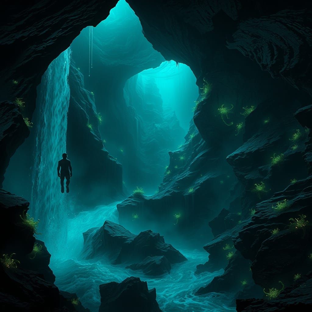 Eerie Luminescent Waterfall in Dark Fantasy Cavern