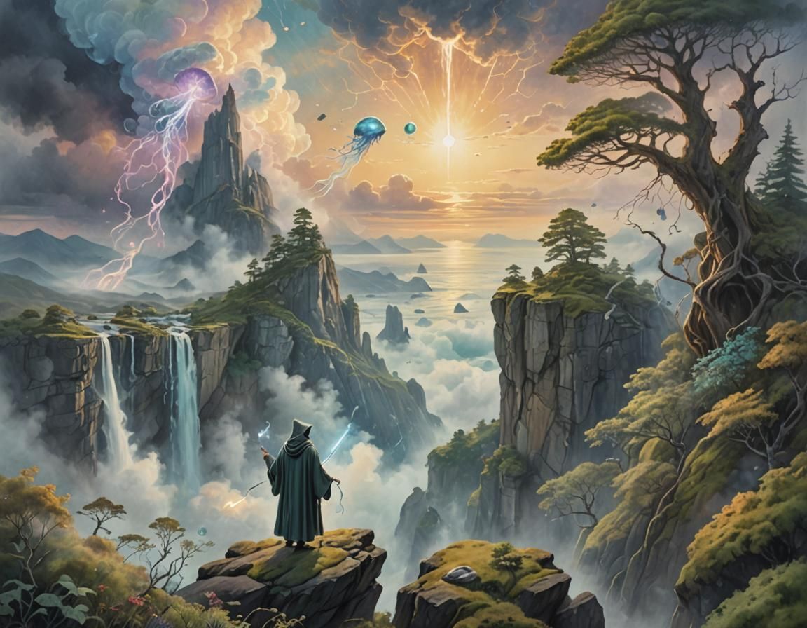 Wizard Conjuring Jellyfish: Pastel Watercolor Painting