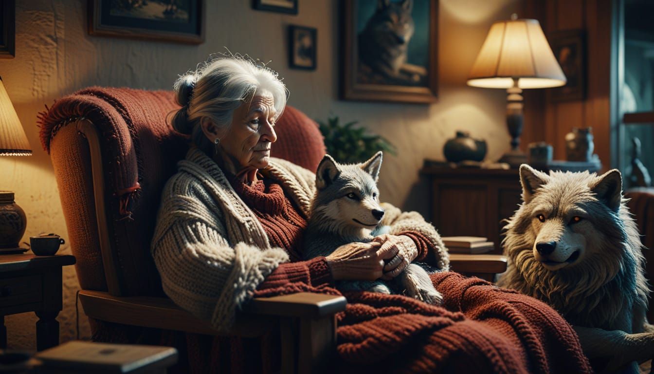 Old Woman Knits with Wolf in Cozy Armchair